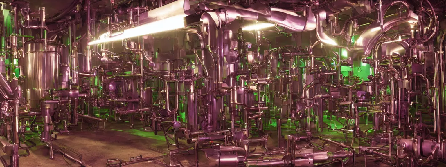 Image similar to a super high resolution film still of machine apparatus for making snake oil, huge copper machine fed by a hopper of snakes, purple and green pipework, directed by denis villeneuve, 8 k, snake machine, cinematic lighting