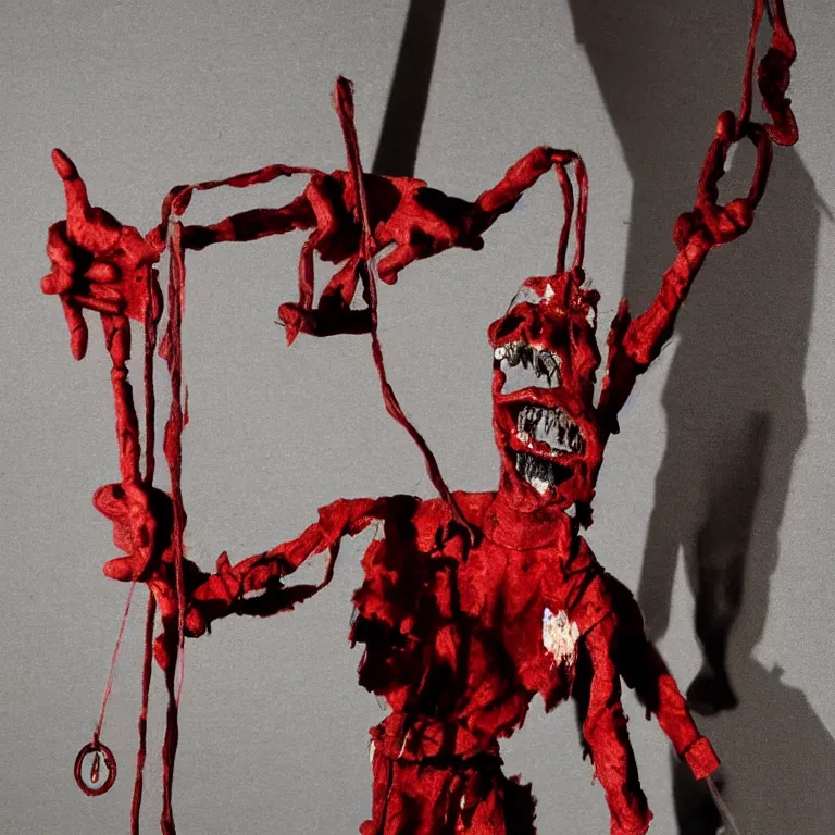 Image similar to a marionette puppet hanging limp with blood running from his eyes, by wayne barlow, highly detailed, horror themed, stark light and shadows