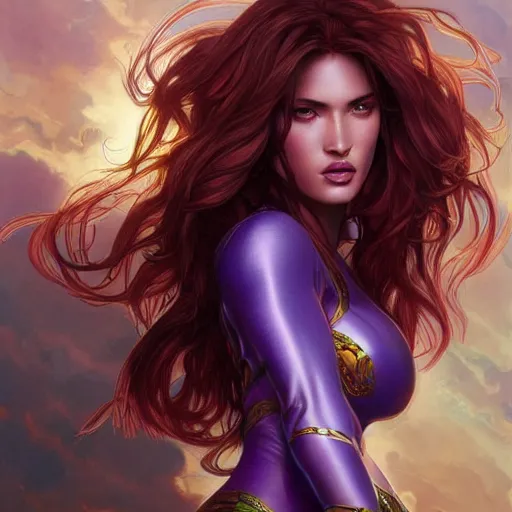 Image similar to ultra realistic illustration, bella thorne as megan fox as starfire anime, intricate, elegant, highly detailed, digital painting, artstation, concept art, smooth, sharp focus, illustration, art by artgerm and greg rutkowski and alphonse mucha