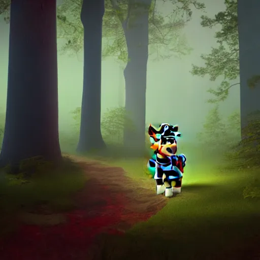 Prompt: paw patrol in the woods, painterly, photorealistic, midnight, eerie lighting, foggy, red lighting, realistic shadows