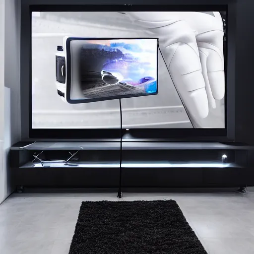 Prompt: product photoshoot of clean modern hand crafted super futuristic television pro display xpr luxury smooth color metal white silver with black leather padding well design ultrareallistic detailed high quality 8 k photorealistic ultra realistic