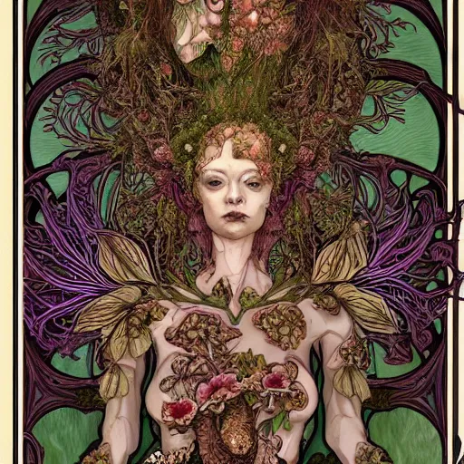 Image similar to a beautiful detailed front view portrait of a rotten woman corpse with fractal plants and fractal flowers and mushrooms growing around, symmetrical, ornate, ornamentation, illustration, in the style of art nouveau, mucha