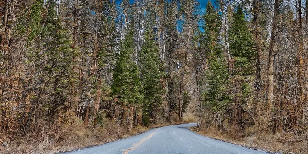 Prompt: A haunted eerie road with an old covered wooden bridge, Riverdale Road Colorado