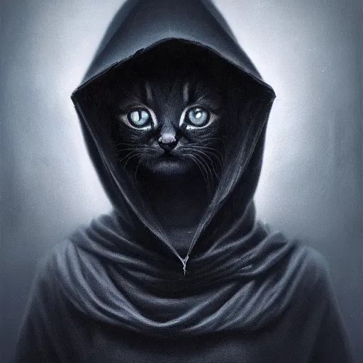 Image similar to a portrait of a kitten wearing a black hood, cloak covering face, anatomically correct, beautiful perfect face, enigmatic, oil painting, matte, black background, Volumetric dynamic lighting, Highly Detailed, Cinematic Lighting, Unreal Engine, 8k, HD, by Beksinski