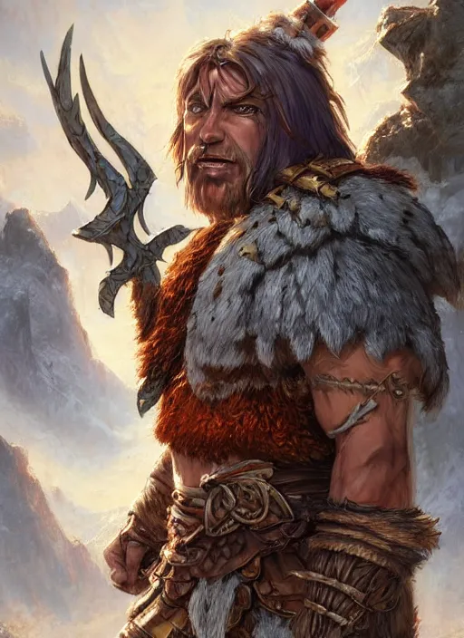 Image similar to short barbarian, ultra detailed fantasy, dndbeyond, bright, colourful, realistic, dnd character portrait, full body, pathfinder, pinterest, art by ralph horsley, dnd, rpg, lotr game design fanart by concept art, behance hd, artstation, deviantart, hdr render in unreal engine 5