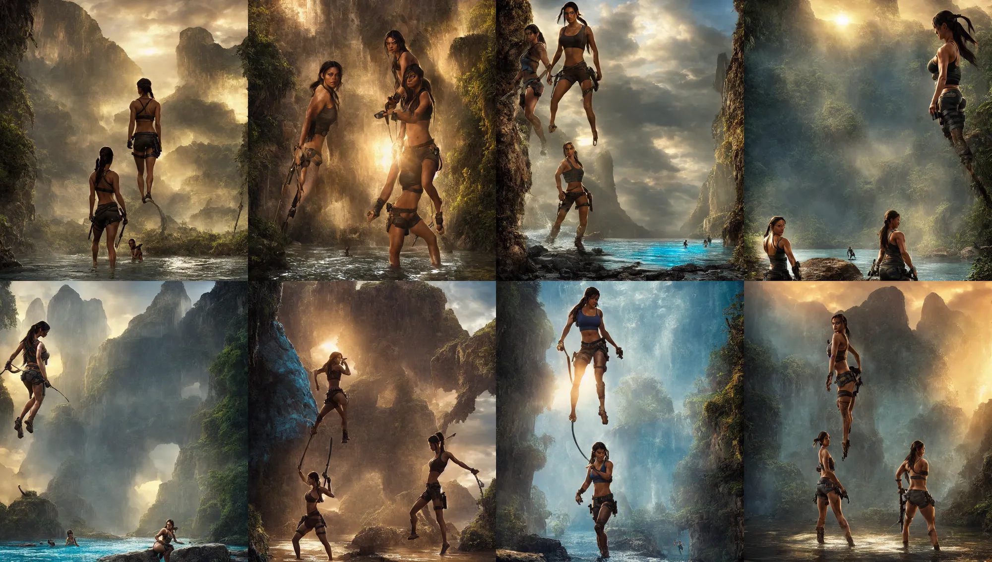 Prompt: muscled young mila kunis as lara croft as a ruggedly handsome amazon wading through shallow blue glowing water, 2 0 0 mm focal length, epic vista, ruins, sundown, golden hour, intricate, elegant, stanley lau, greg rutkowski