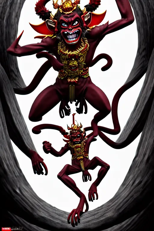 Prompt: single demon monkey king, evil grin, manga style only, black white red and gold colors only, symmetrical face, symmetrical full body, demonic, low angle view, cinematic, dramatic, super detailed and intricate, hyper realistic, 4 k render, by artgerm, by kyoung hwan kim, by ralph mcquarrie, by yoshiyuki tomino