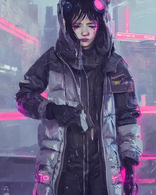 Image similar to detailed portrait Neon Operator Girl cyberpunk futuristic neon Reflective puffy coat, decorated with traditional japanese ornaments by ismail inceoglu dragan bibin hans thoma greg rutkowski Alexandros Pyromallis Nekro Rene Margitte illustrated Perfect face, fine details, realistic shaded, fine-face, pretty face