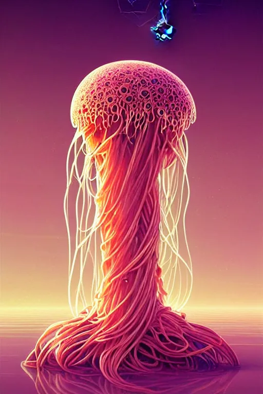 Prompt: beautiful spaghetti jellyfish, ethereal art deco, fantasy, intricate art deco pasta designs, elegant, highly detailed fractals, sharp focus, art by artgerm and beeple and greg rutkowski and wlop