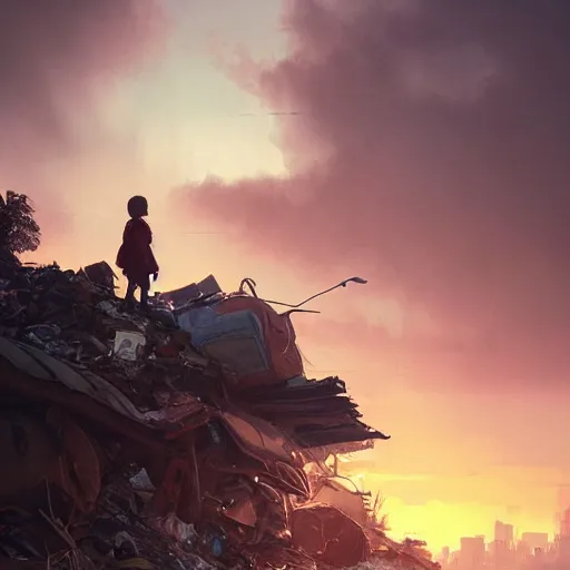 Image similar to poor detailed child with backpack standing at cars looking for food at garbage dump, destroyed cars, city is pure wasteland, moody sunset in background, greg rutkowski, alphonse mucha, trending on artstation, artgerm, unreal engine, breathtaking, award winning, highly detailed