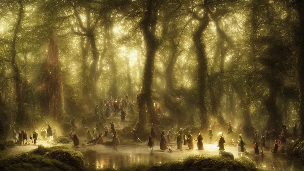 Prompt: procession of elves in the magical forest. andreas achenbach, artgerm, mikko lagerstedt, zack snyder, tokujin yoshioka, impressionist