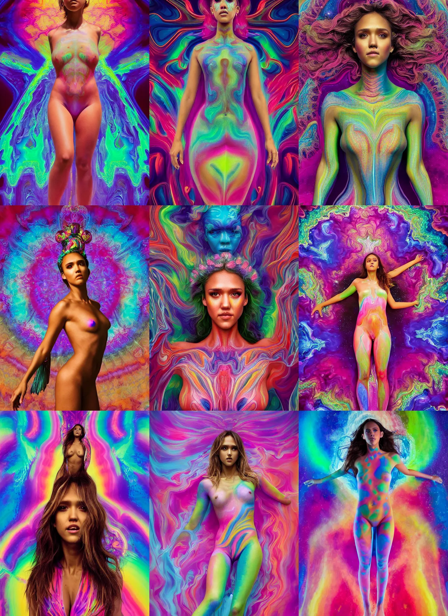 Prompt: full body Jessica Alba by Jean-Baptiste Carpeaux and Luo Li Rong and Michael James Talbot as goddess, all body, floating in space. perfect symmetrical face, colorful, psychedelic colors, fractals, fresh rainbow bodypainting, synthwave, in full growth, elegant, realistic, 8K, female full-skin figure, hyperrealism, subsurface scattering, raytracing, rim light, Octane Render, Redshift, Zbrush, Alex Grey, mandelbulb 3d, Zdzisław Beksiński, complex psychedelic glitch background