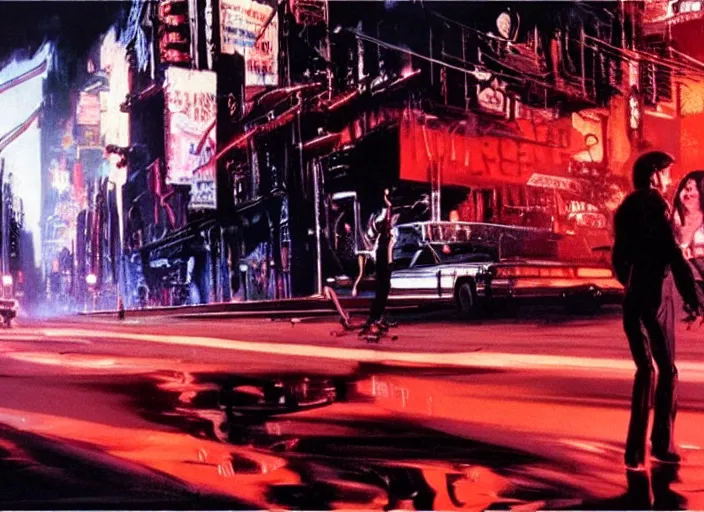 Prompt: a still from streets of fire ( 1 9 8 4 ), art by syd mead, very detailed, cinematic, high quality art,