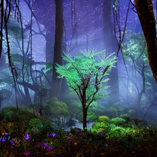 Prompt: scene still of avatar variety bioluminescent forest at night. cinematic cg weta
