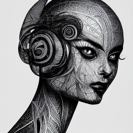 Image similar to holographic headset interface painted in alex grey style drawn by vania zouravliov, inspired by ooioo and sorayama and ikeuchi, intricate manga drawing, black and white, 3 d, high detail, sharp high detail, artstation, octane