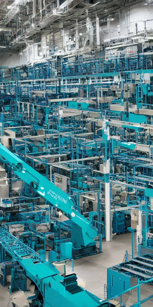 Prompt: factory industrial environment with highly complex machines, conveyors, palletizing robots in dark teal and mageta colors