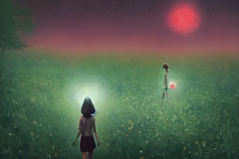 Image similar to looming giant daisy flower over head, girl walking in forest, surreal photography, dark night, stars, moon light, impressionist painting, clouds, digital painting, artstation, simon stalenhag