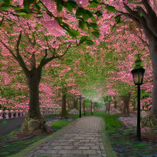 Prompt: photorealistic beautiful cherry blossom forest with victorian lanterns lining the stone pathway. hyperdetailed photorealism, 1 0 8 megapixels, amazing depth, glowing rich colors, powerful imagery, psychedelic overtones, 3 d finalrender, 3 d shading, cinematic lighting, artstation concept art