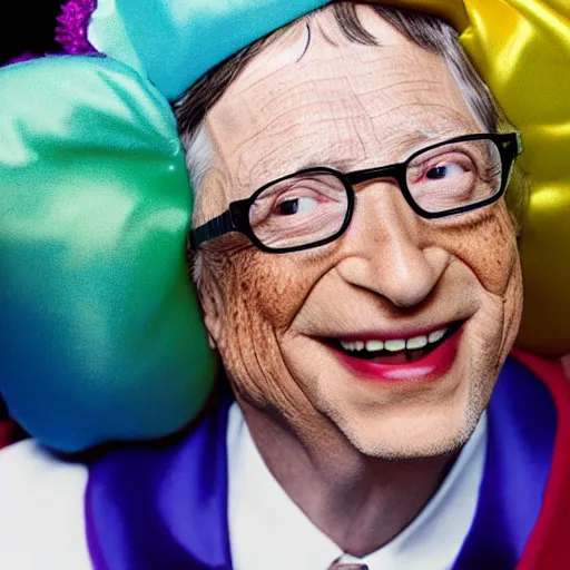 Prompt: UHD candid photo of Bill Gates dressed as a Court Jester, wearing extremely accurate clown makeup, accurate face, UHD, photorealistic, correct face, photo by Annie Leibowitz