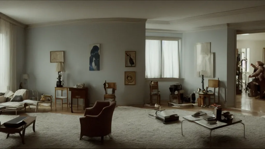 Image similar to an mri image in the living room, film still from the movie directed by denis villeneuve with art direction by salvador dali, wide lens