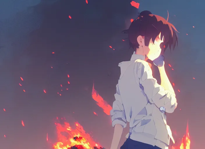 Image similar to firefighter girl, crumbling building background arson landscape illustration concept art anime key visual trending pixiv fanbox by wlop and greg rutkowski and makoto shinkai and studio ghibli and kyoto animation fireproof clothing hardware gear