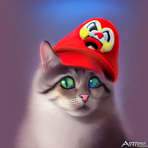Prompt: A beautiful oil painting of a Kawaii Cat wearing a Super Mario Hat, illustration, art by artgerm, volumetric lighting, photorealistic, highly detailed.
