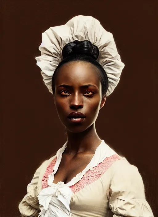 Prompt: a portrait of a young black woman with a crooked nose in victorian clothing, confident pose, intricate, elegant, sharp focus, illustration, highly detailed, concept art, matte, trending on artstation, anime, art by james jean and artgerm and brian despain and alberto mielgo, greg rutkowski, wlop, ilya kuvshinov, strong strokes