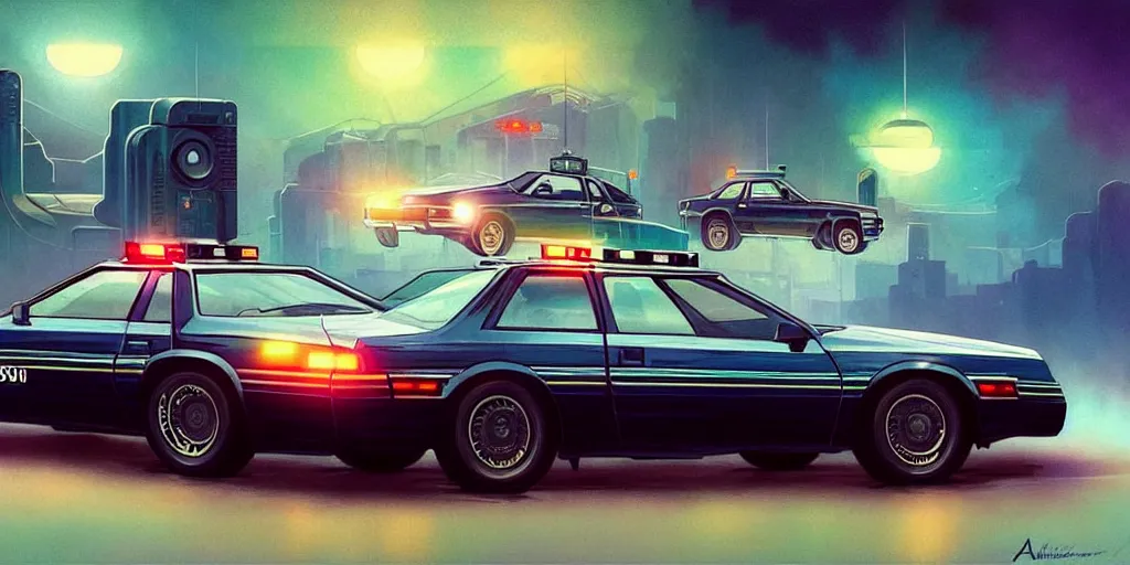 Image similar to a 1 9 8 0 s cop and cop car, highly detailed, digital painting, artstation, concept art, matte, sharp focus, illustration, art by artgerm and greg rutkowski and alphonse mucha