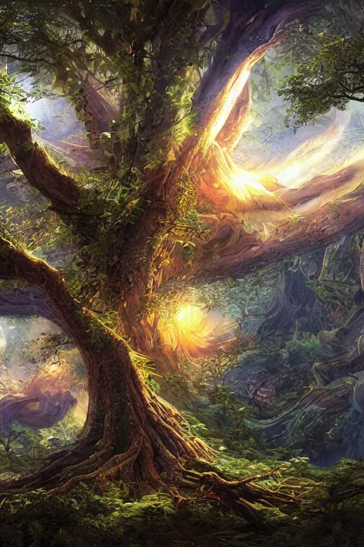 Image similar to tree of life, four seasons, volymetric light, highly detailed matte painting by noriyoshi ohrai, by charlie bowater, by mark brooks