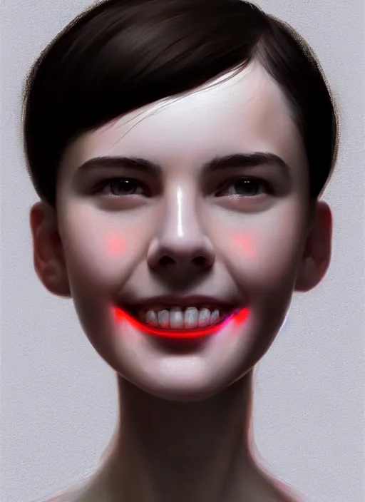 Image similar to portrait of white teenage girl, narrow face, short black hair and eyebrows, bangs, half updo hairstyle, buck teeth, unattractive, defined jawline, long chin, smile, hair bow, intricate, elegant, glowing lights, highly detailed, digital painting, artstation, sharp focus, illustration, art by wlop, mars ravelo and greg rutkowski