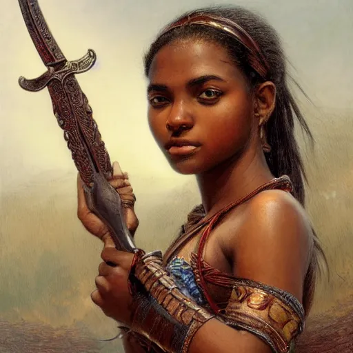Image similar to artstation concept of a beautiful girl holding a sword in both hands, brown skin, sweaty skin, symmetrical face, casual white garment, brown canyon background, shiny colorful, hyperdetailed, artstation trending, world renowned artists, worth1000.com, historic artworks society, antique renewel, cgsociety, by greg rutkowski, by Gustave Dore, Deviantart