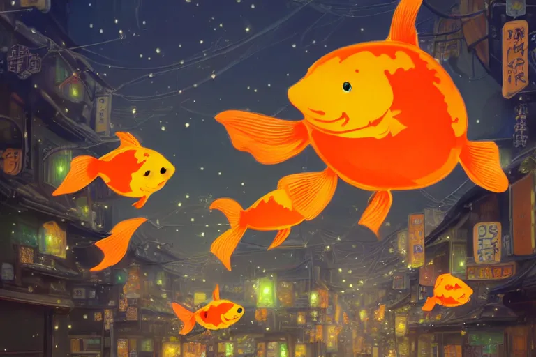 Prompt: fantasy art of a school of glowing goldfish swimming in the air, in the streets of a japanese town at night, with children outside watching in wonder, in the style of studio ghibli and makoto shinkai, highly detailed digital art, trending on artstation