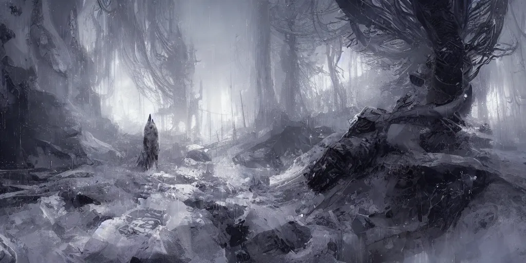 Prompt: a lone white wolf in a nightmare landscape, sad, emotive, high detail, cinematic, beautiful painting by wadim kashin