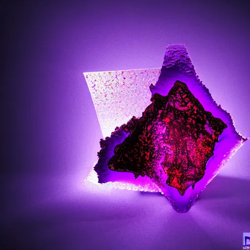 Image similar to 3D statue!!!, purple shattered paint!, glowing lava!!!, conglomerate!, slush!!, organized composition!, abstract!, black backdrop!, 4k!, award-winning photo!!!!