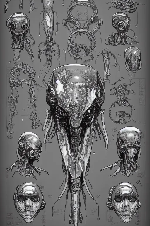 Prompt: very symmetrical!! cyborg space octopus with gunmetal grey skin, muscular system diagram, cyberpunk face, highly detailed, japanese, mecha asthetic, mechanical implants, three - view reference sheet ( front / back / side ), in the style of dan ouellette, dren from splice, hr giger, sil from species, artstation, unreal engine