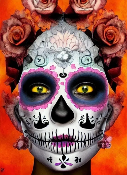 Image similar to dia de los muertos theme surrealist!!! art in the styles of igor morski, jim warren, and aida muluneh, intricate, hyperrealistic, accurate facial details, profile picture with chromakey!!!!! background, volumetric lighting