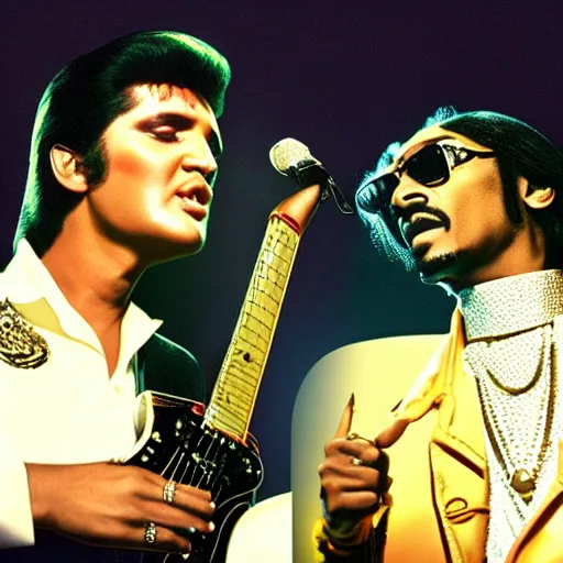 Image similar to elvis presley and snoop dog singing a duet one microphone, in las vegas, detailed, beautiful, dolby digital color, f 1. 8, promotional poster, photorealistic