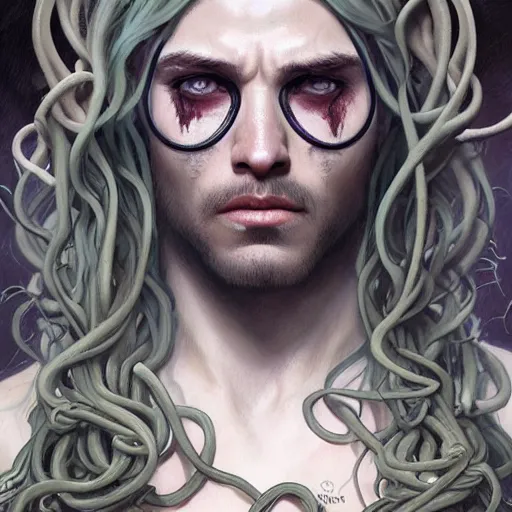 Image similar to male medusa, highly detailed, digital painting, bloody eyes, snakes, white skin, artstation, concept art, smooth, sharp focus, illustration, art by artgerm and greg rutkowski and alphonse mucha