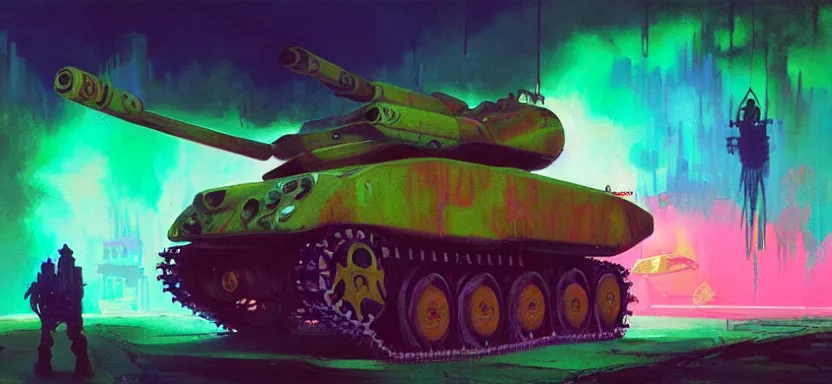 Image similar to beautiful masterpiece painting of a food truck army tank in a future radioactive glowing swamp, halo vehicle, grunge cyberpunk, by Remedios Varo and Anato Finnstark and Greg Rutkowski, dayglo pink, dayglo blue, by Craig Mullins, ilya kuvshinov, krenz cushart, artgerm, 8k, trending on ArtStation