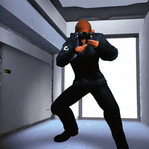 Prompt: ltj bukem in perfect dark, 9 0 s first person shooter, fashion photography, gameplay screenshot, by david bailey