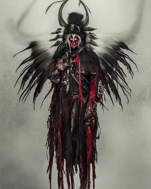 Image similar to the ghost - spirit of the grim - warpaint wears the scarlet skull armor and native blood headdress feathers, midnight fog - mist!, dark oil painting colors, realism, cinematic lighting, various refining methods, micro macro autofocus, ultra definition, award winning photo