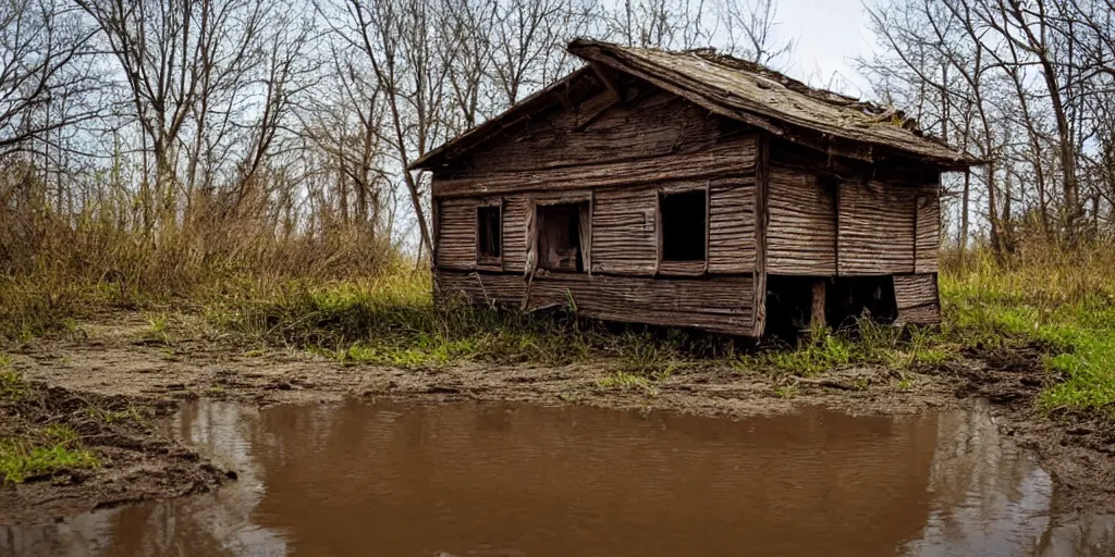 Image similar to abandoned very detailed wooden house, spring, mud, near river, very detailed