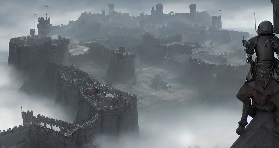 Image similar to three medieval soldiers atop a castle wall looking over a vast medieval kingdom rule by an evil king. it is a quiet morning. mist, epic, grimdark, cinematic, volumetric lighting, fantasy style, highly - detailed, unreal 5, realism