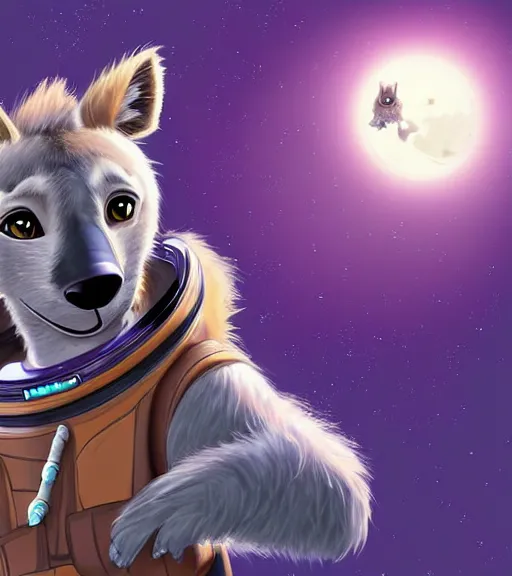 Image similar to digital detailed art of furry female hyena, in style of zootopia, fursona, furry, furaffinity, deviantart, wearing astronaut outfit, in style of mark arian, floating in space, space background, hyena fursona, cyberpunk, female, detailed face, style of artgerm,