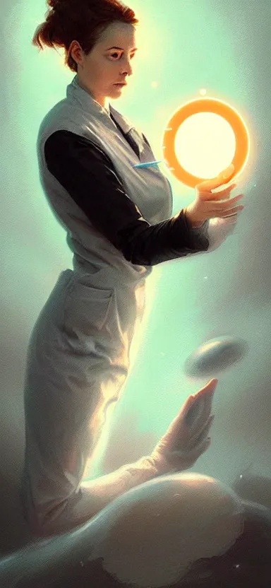 Image similar to a portrait art of a female scientist in a laboratory holding a small black hole in her hands, inspired art by istvan sandorfi and greg rutkowski, concept art, stylised, elegant, illustration, high quality, highly detailed, long hair, digital art, pinterest