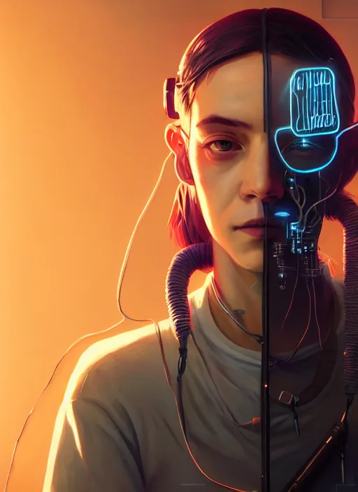 Prompt: highly detailed portrait of a cyberpunk sci - fi hacker, wires connect to the head, stephen bliss, unreal engine, greg rutkowski, loish, rhads, beeple, makoto shinkai and lois van baarle, ilya kuvshinov, rossdraws, tom bagshaw, alphonse mucha, global illumination, detailed and intricate environment