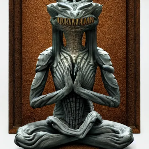 Prompt: argonian!!! bodhisattva, praying meditating, by h. r. giger, epic fantasy concept art, octane render, artstation trending