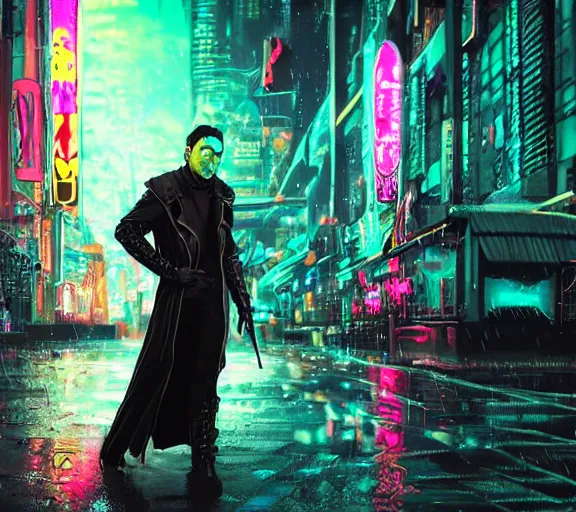 Image similar to an epic fantasy comic book style full body portrait painting of a very beautiful synthwave cyberpunk industrial goth trent reznor as snape in the rain, neon reflections in the rain puddles, character design by mark ryden and pixar and hayao miyazaki, unreal 5, daz, hyperrealistic, octane render, cosplay, rpg portrait, dynamic lighting, intricate detail, cinematic