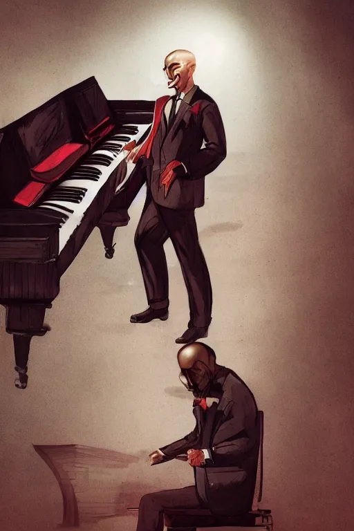 Image similar to an expressive full body portrait of agent 4 7 playing the piano in a monastery, dark background, red rim light, digital art, artstation, concept art by giger stalenhag