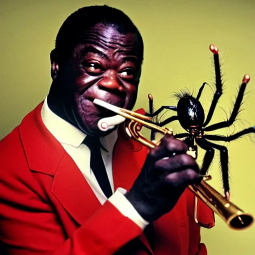 Prompt: louis armstrong holding a big hairy spider to his lips like a trumpet